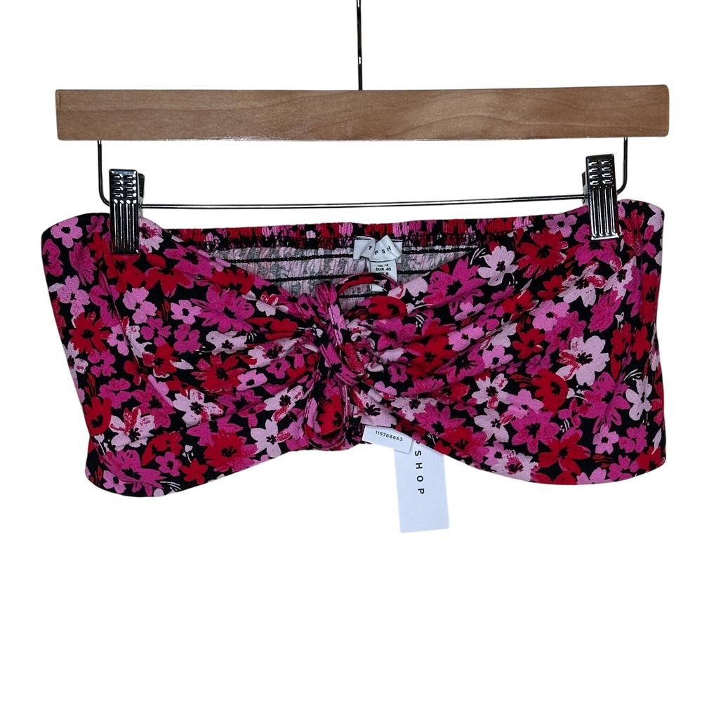 NWT Topshop Ditsy Floral Print Ruched Bandeau Bralette size 8 Red/Black/Pink